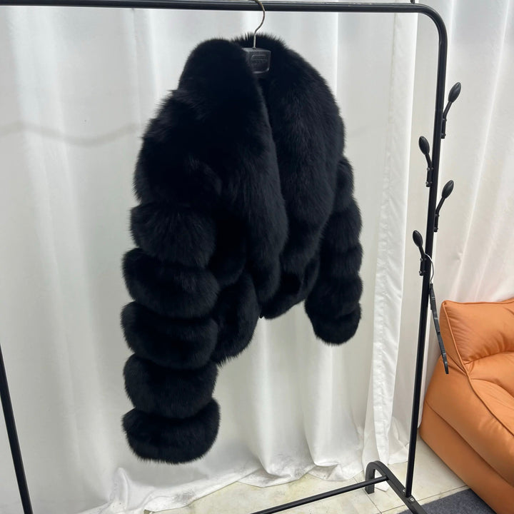 Women's Shawl Collar Black Fox Fur Jacket