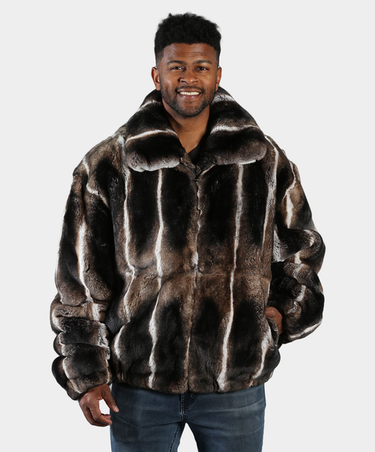 Brown Chinchilla-Dyed Rex Rabbit Bomber Jacket