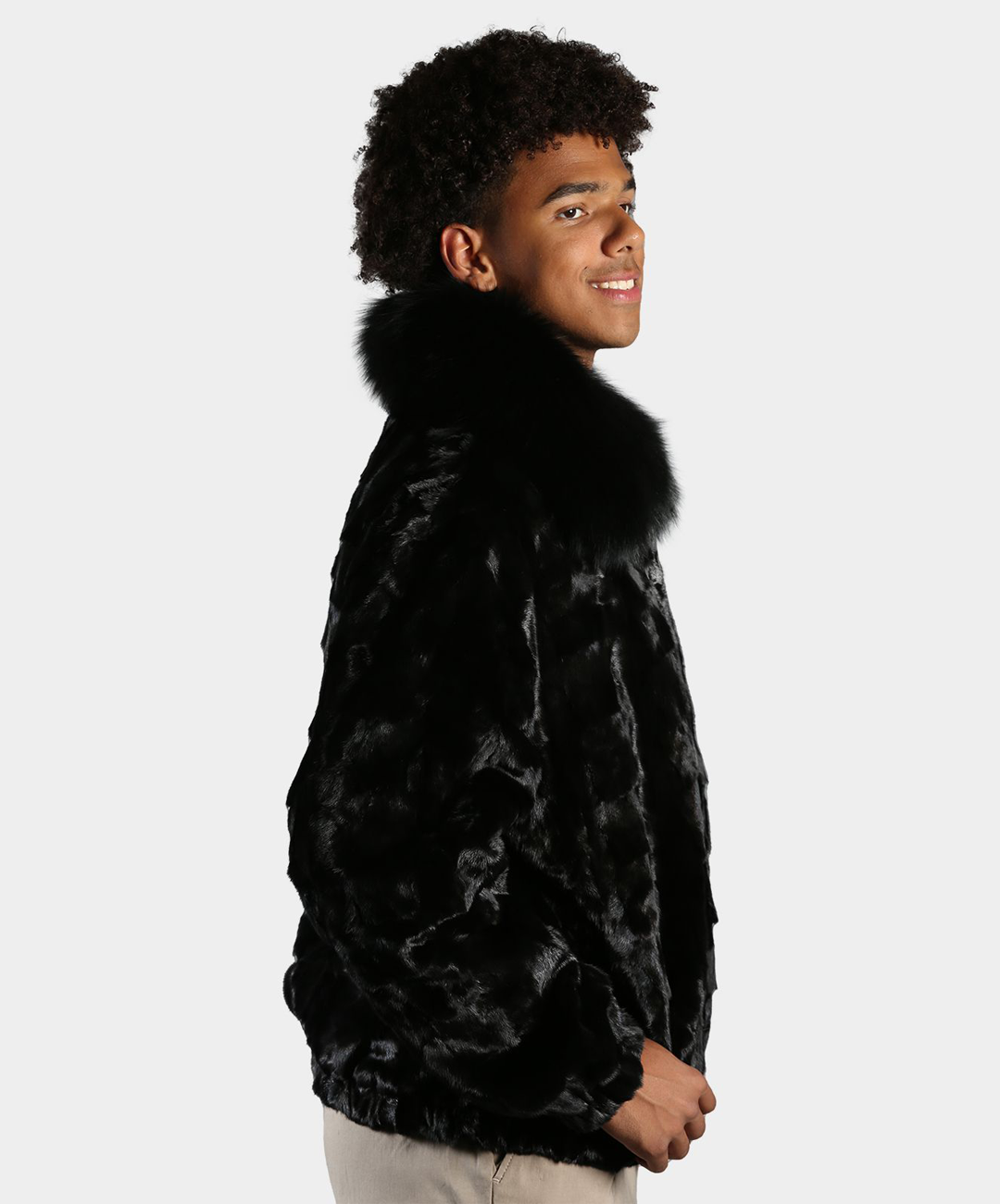 Black Sectioned Mink Fur Jacket with Fox Collar