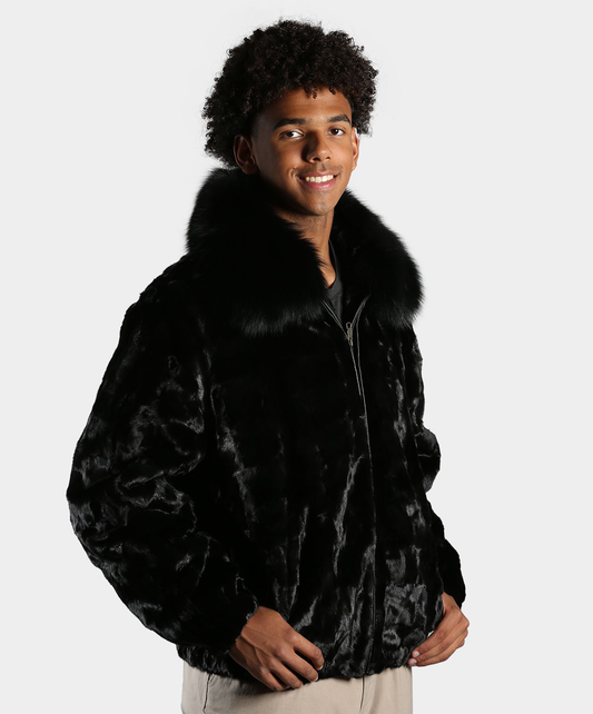Black Sectioned Mink Fur Jacket with Fox Collar