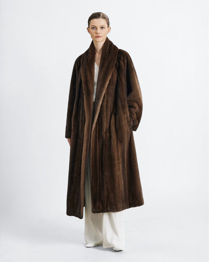 Mahogany Brown Full-Length Mink Fur Robe Coat