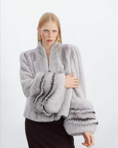 Grey Mink Fur Jacket with Fox Fur Cuffs