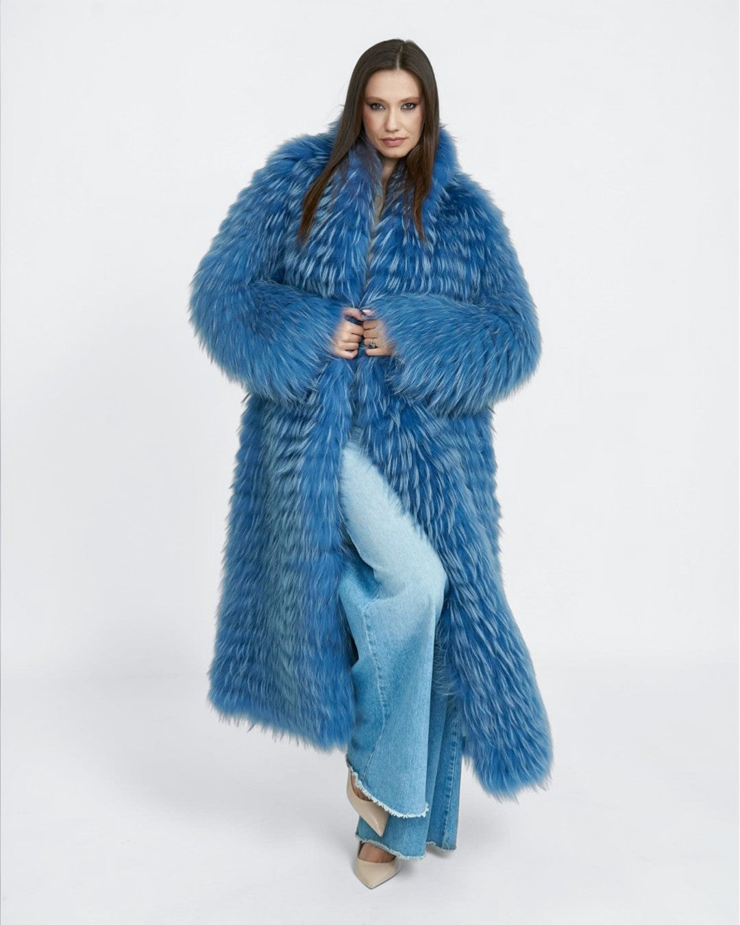 Electric Blue Fox Fur Long Coat