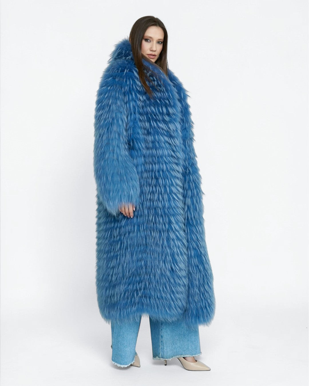 Electric Blue Fox Fur Long Coat