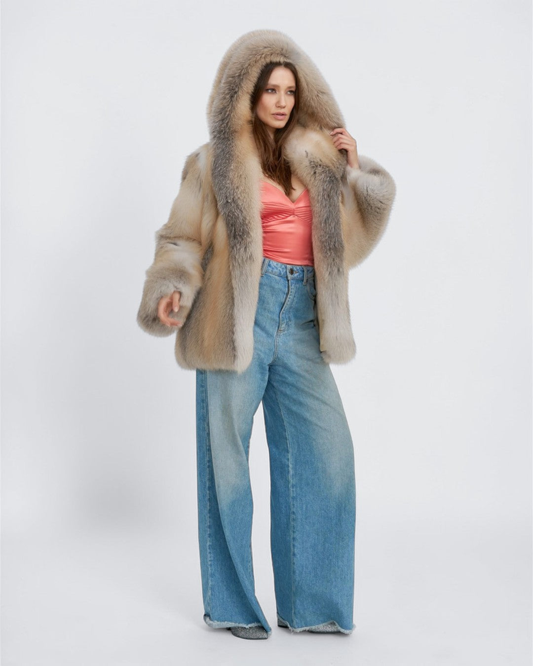 Champagne Hooded Fox Fur Jacket