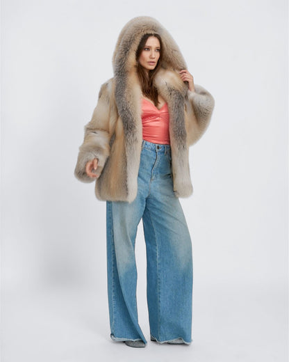 Champagne Hooded Fox Fur Jacket