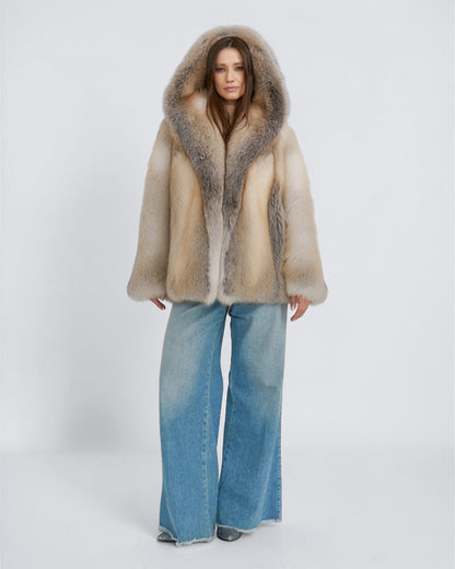 Champagne Hooded Fox Fur Jacket