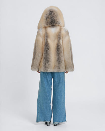 Champagne Hooded Fox Fur Jacket