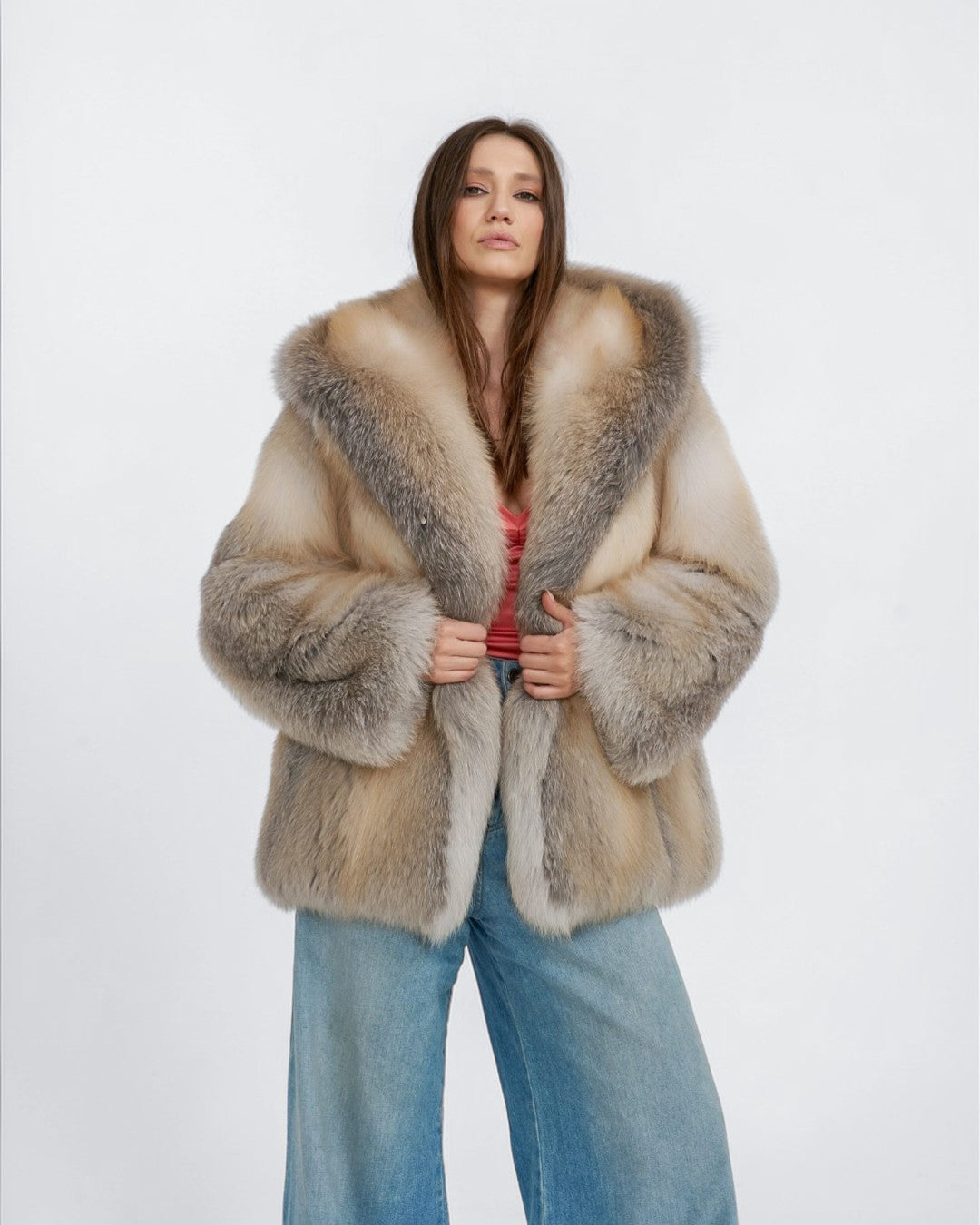 Champagne Hooded Fox Fur Jacket