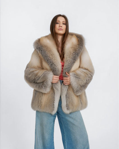 Champagne Hooded Fox Fur Jacket