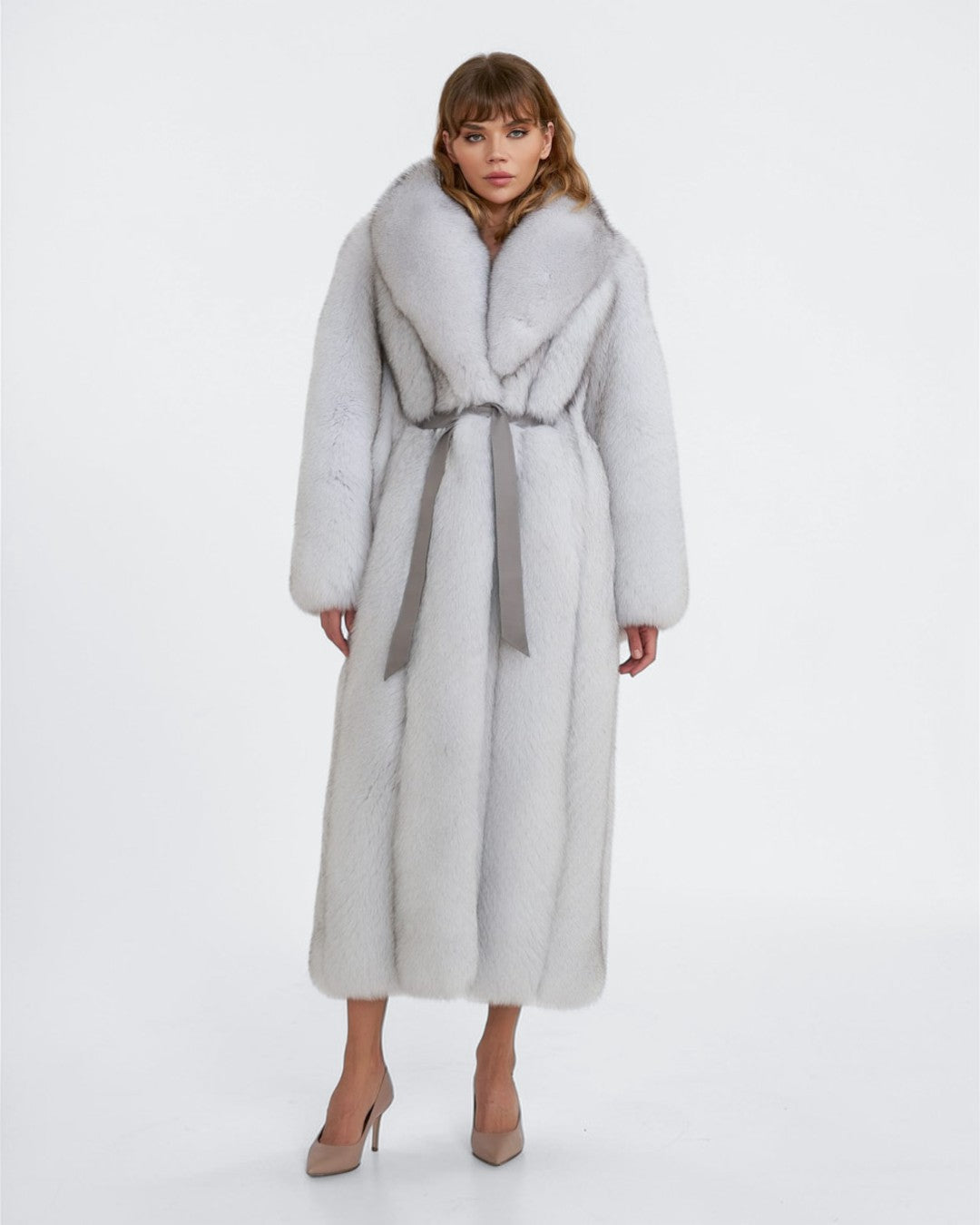 Classic Gray Robed Fox Fur Long Coat