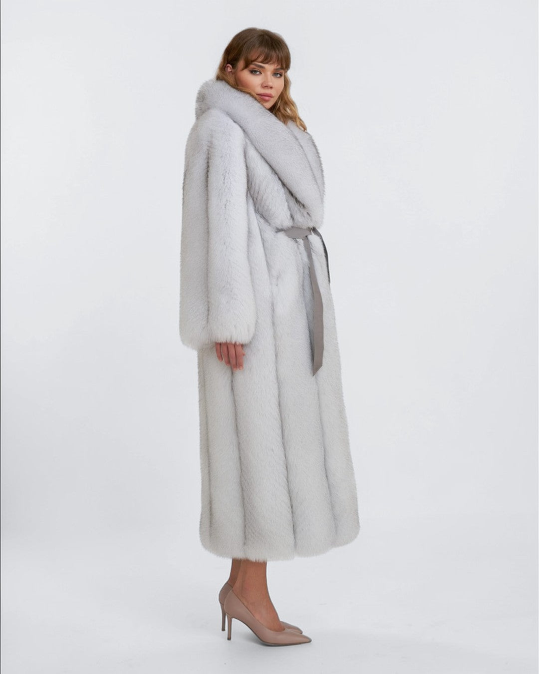 Classic Gray Robed Fox Fur Long Coat