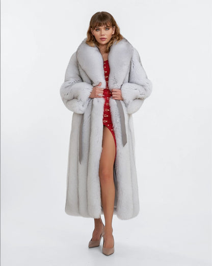 Classic Gray Robed Fox Fur Long Coat