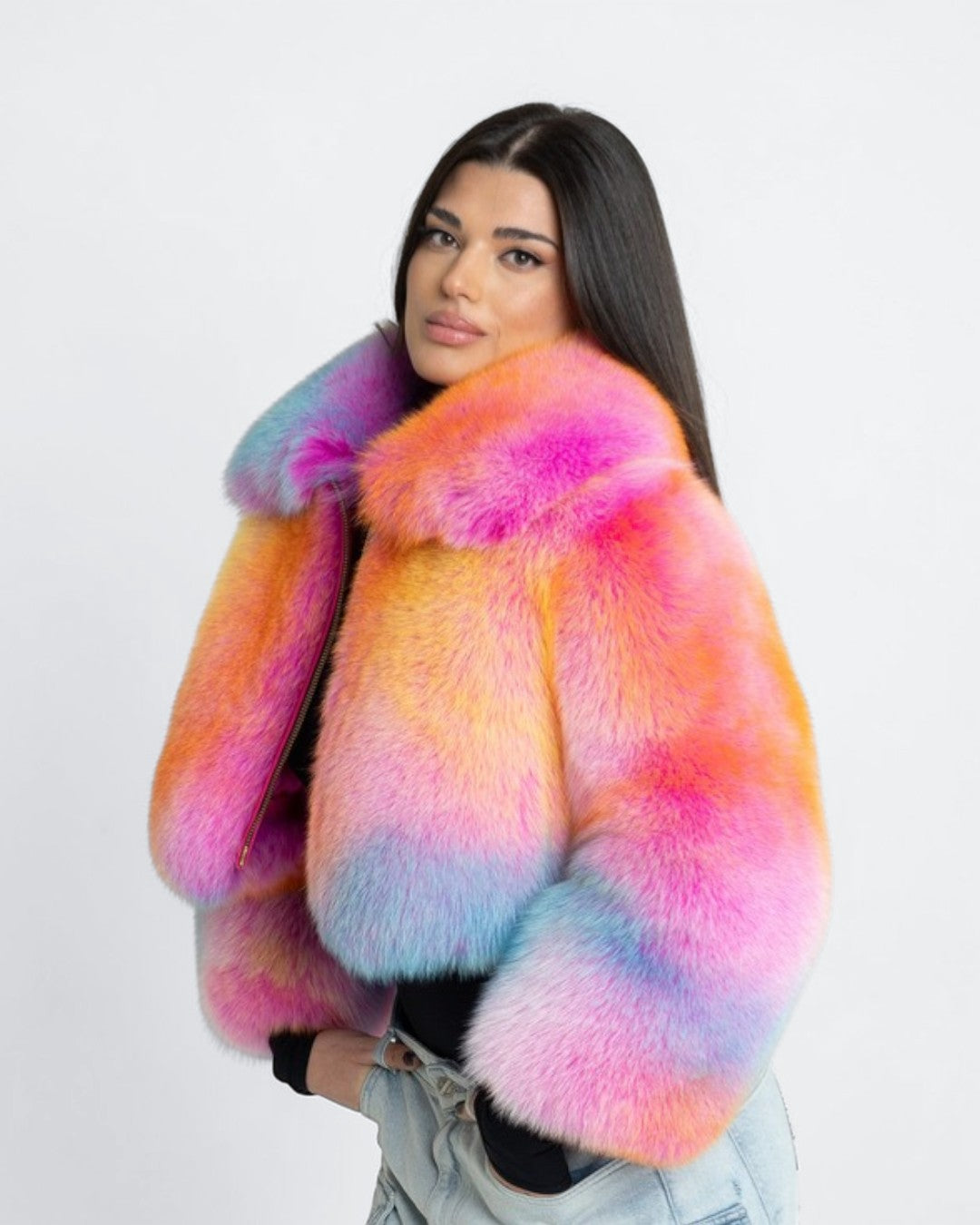 Cotton Candy Cropped Fox Fur Jacket
