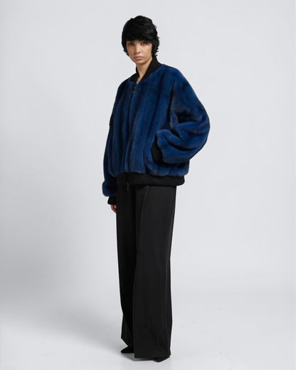 Midnight Blue Mink Fur Bomber Jacket