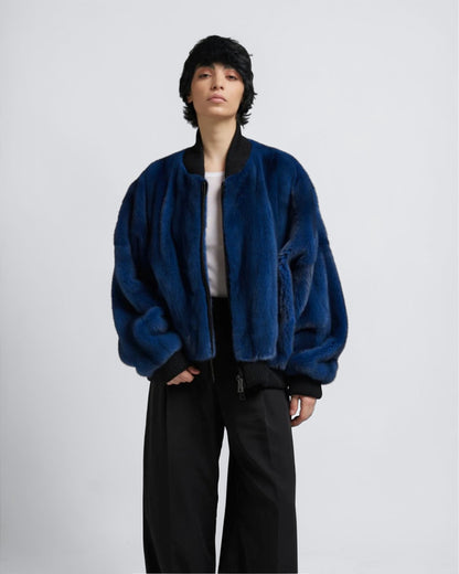 Midnight Blue Mink Fur Bomber Jacket