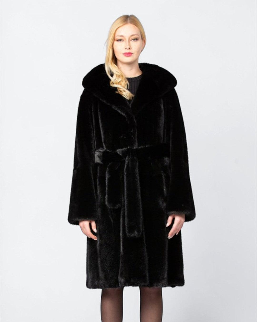 Hooded Robed Black Mink Fur Coat
