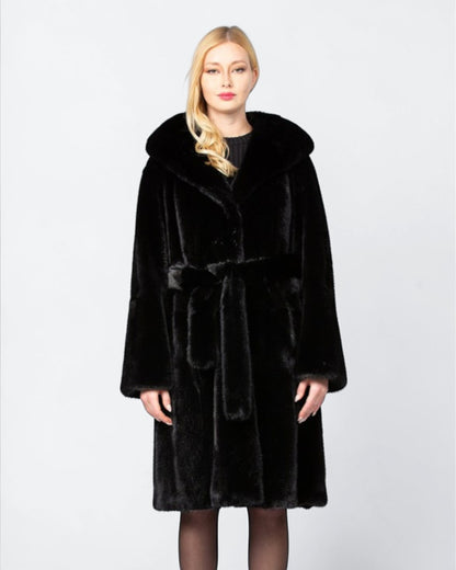 Hooded Robed Black Mink Fur Coat