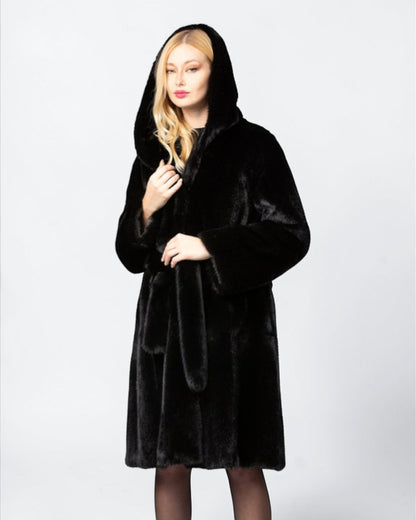 Hooded Robed Black Mink Fur Coat