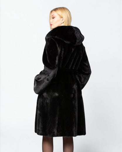Hooded Robed Black Mink Fur Coat