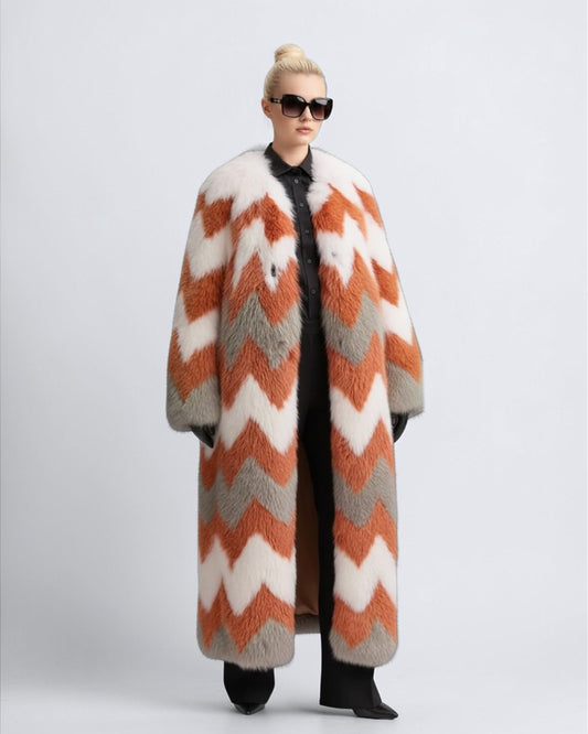 Chevron Fox Fur Long Coat
