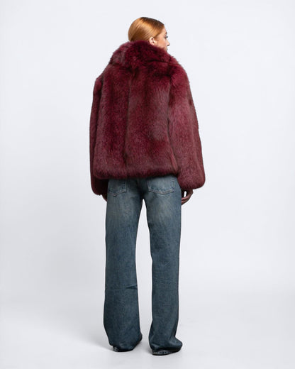 Burgundy Fox Fur Bomber Jacket