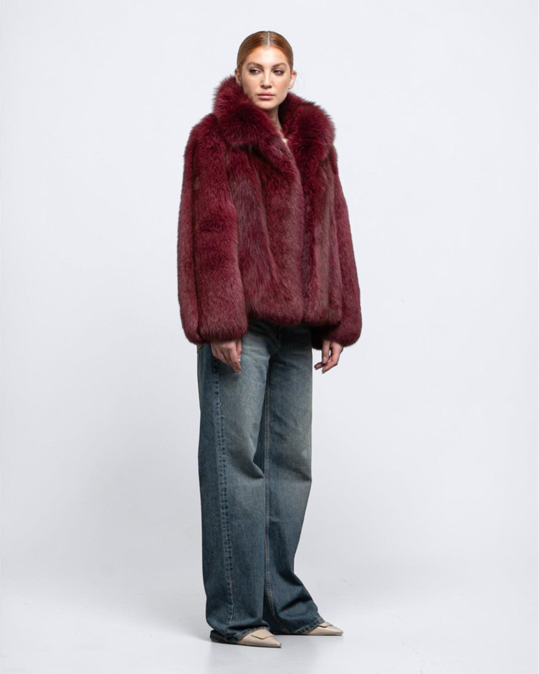 Burgundy Fox Fur Bomber Jacket