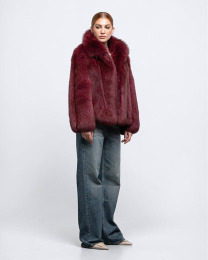 Burgundy Fox Fur Bomber Jacket
