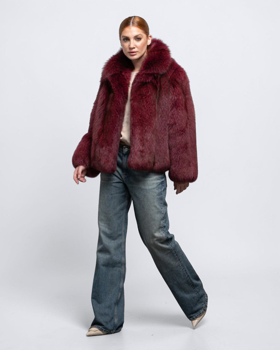 Burgundy Fox Fur Bomber Jacket