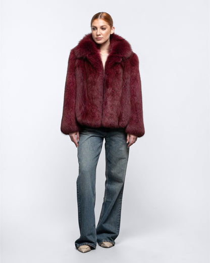 Burgundy Fox Fur Bomber Jacket