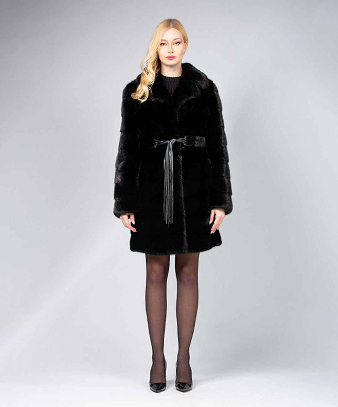 Women's Black Mink Coat with Belt
