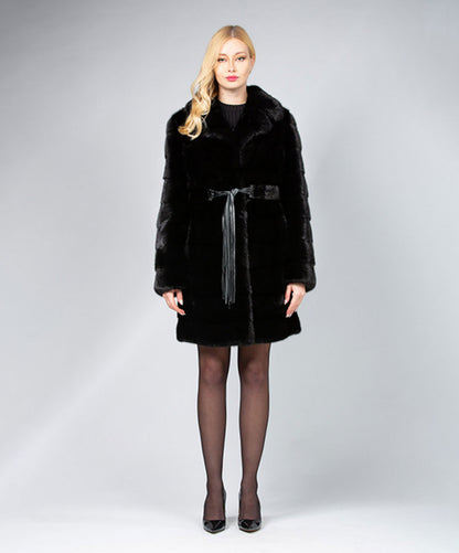 Women's Black Mink Coat with Belt