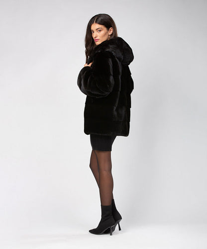 Black Hooded Mink Fur Jacket