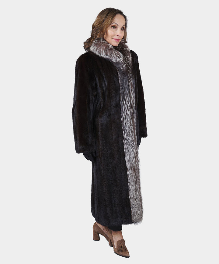 Women's Black Mink Fur Coat with Silver Fox