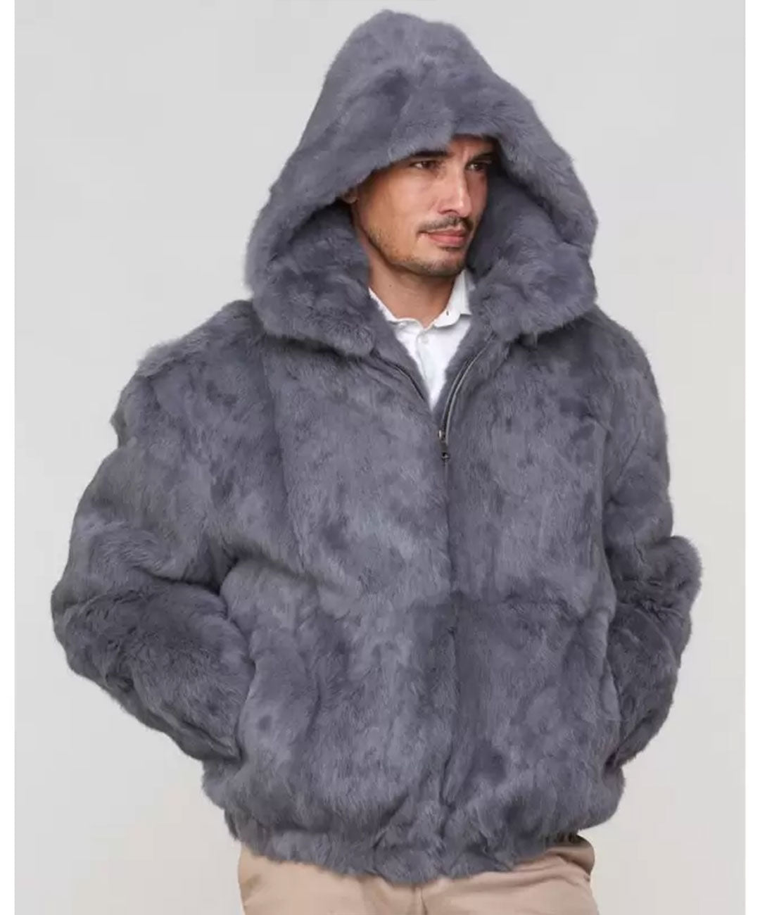 Men's Grey Rabbit Hooded Bomber Jacket
