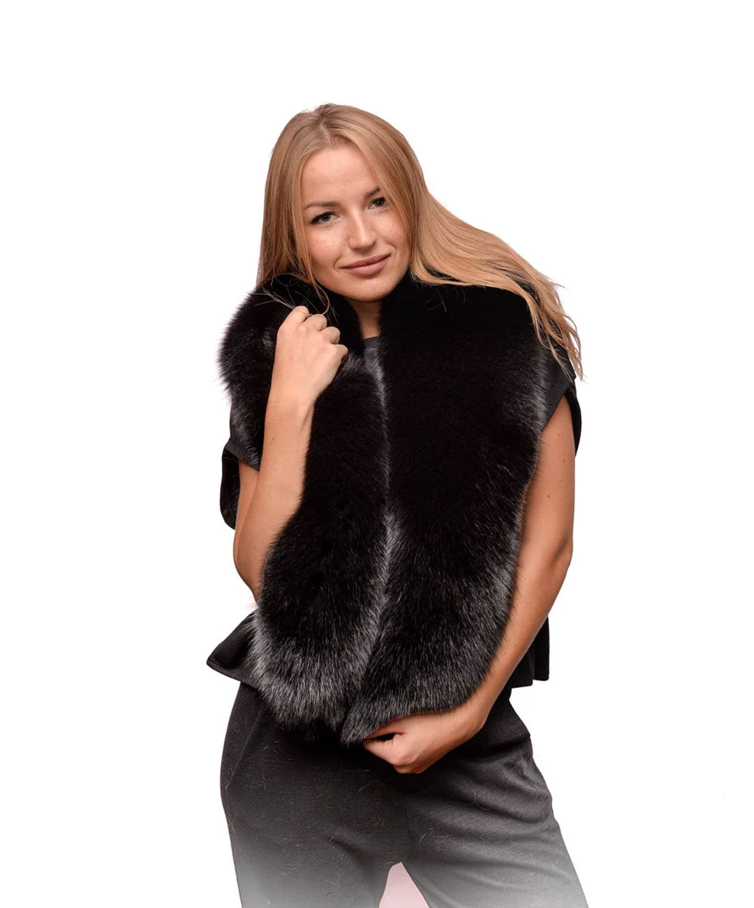 Schwarze Stola mit Fuchspelzkragen aus Samt für Damen
