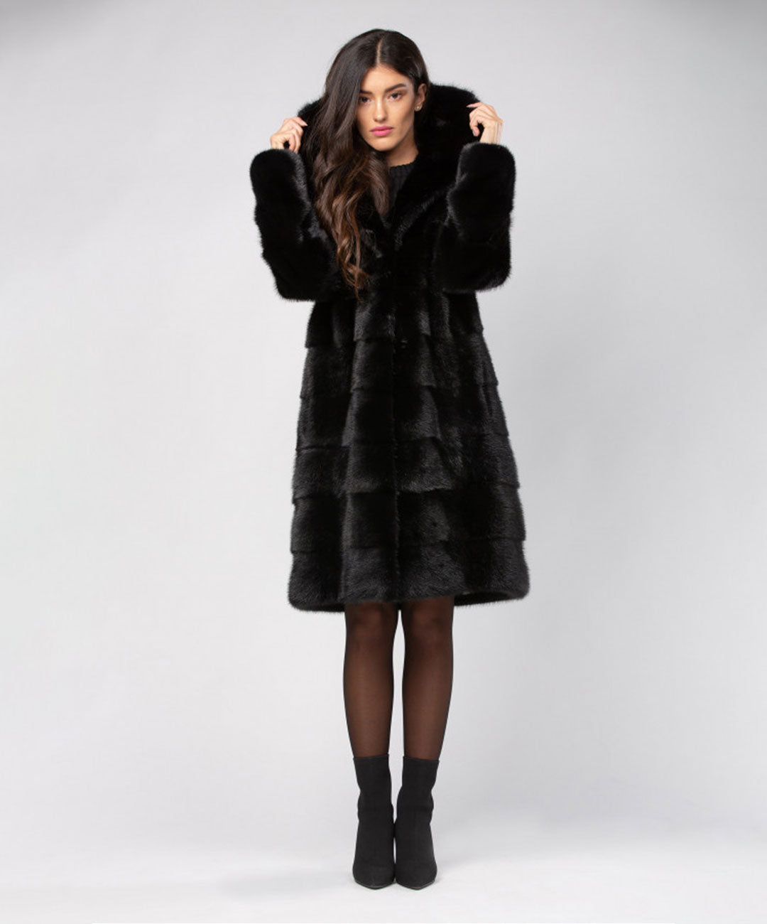 Women's Black Mink Coat with Hood