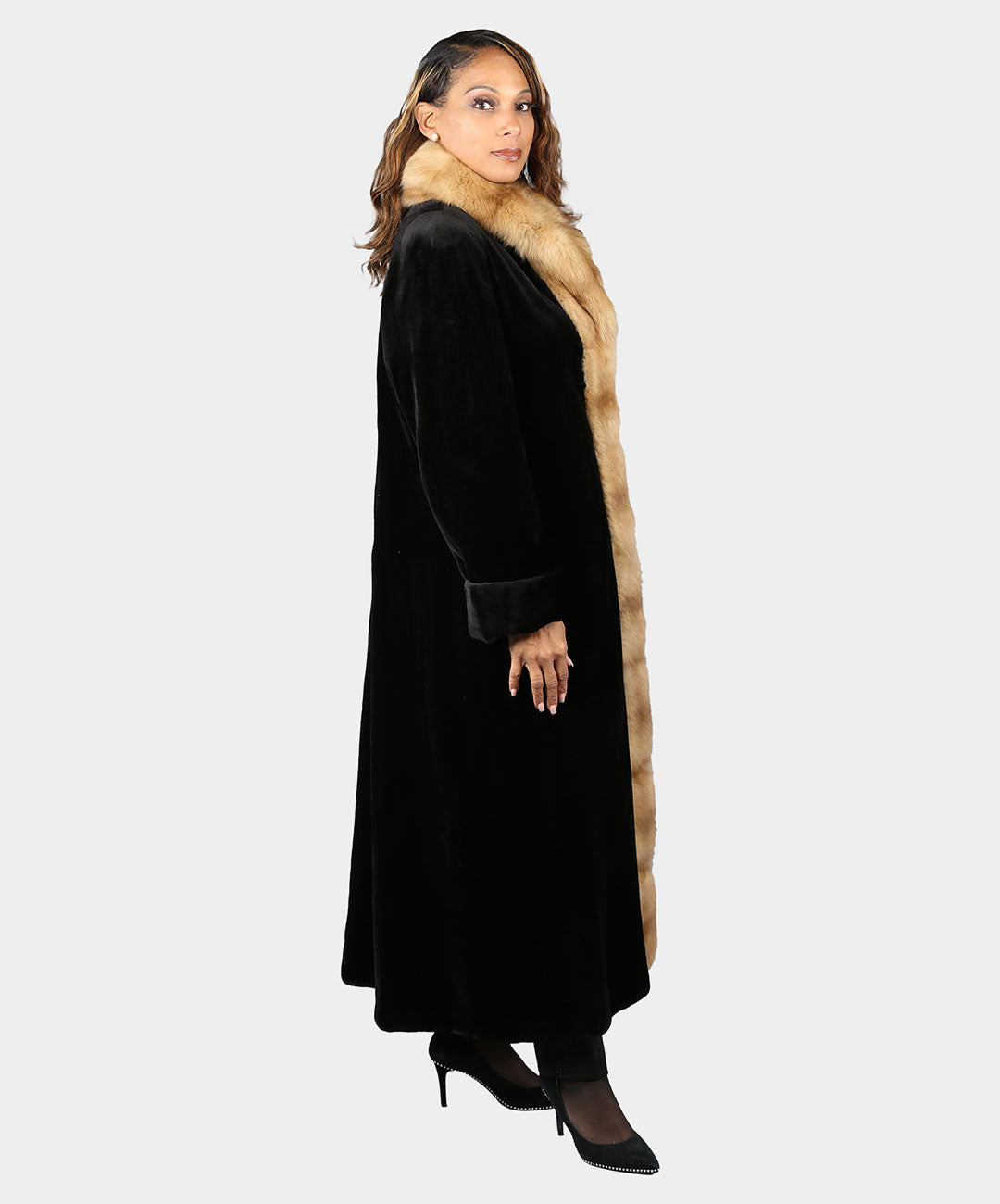 Women's Black Sheared Mink Fur Coat with Cross Cut Golden Fox Collar and Tuxedo Front