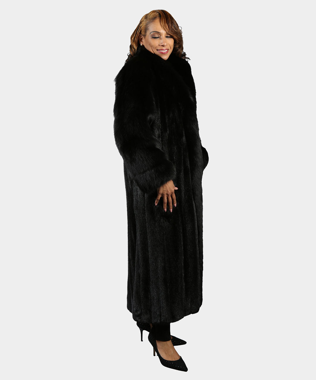 Women's Ranch Mink Fur Coat with Black Fox Sleeves and Tuxedo Front