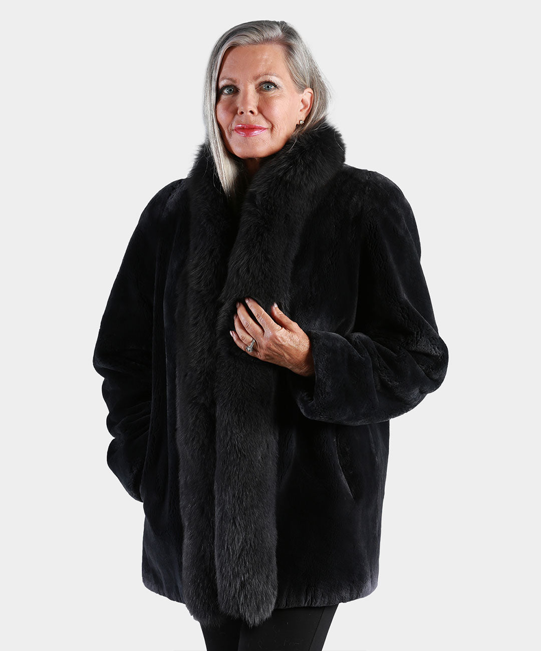 Women's Black Sheared Mink Fur Jacket with Fox Tuxedo