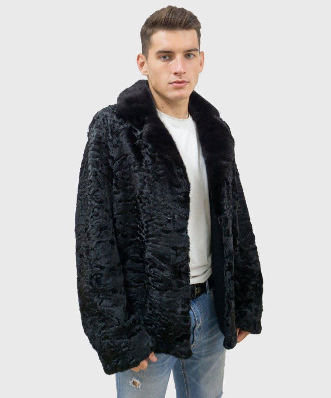 Men's Black Astrakhan Fur Jacket with Mink Fur Collar