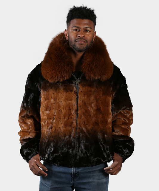 Cross Whiskey Mink Fur Bomber Jacket with Fox Collar