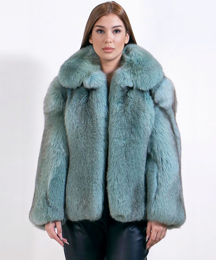 Women's Mint Blue Fox Fur Bomber Jacket