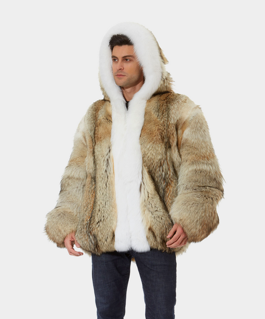 Coyote Fur Hooded Jacket with Snow Fox Trim