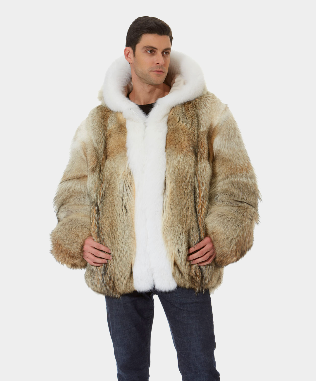 Coyote Fur Hooded Jacket with Snow Fox Trim