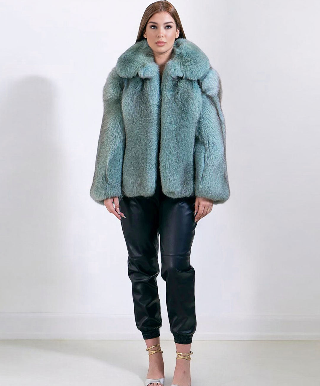 Women's Mint Blue Fox Fur Bomber Jacket