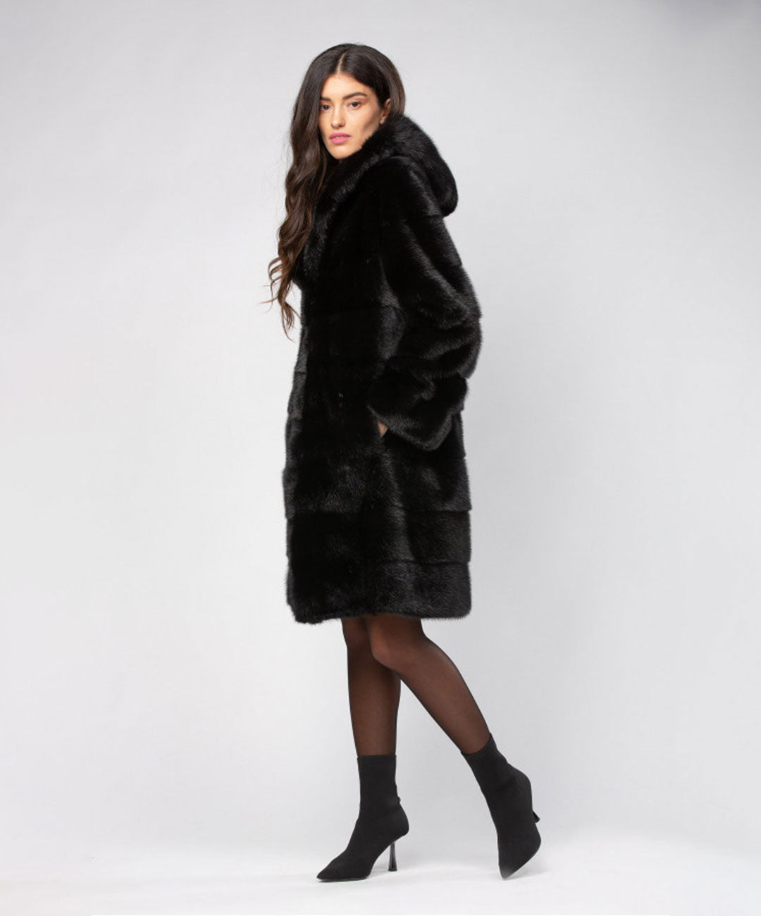 Women's Black Mink Coat with Hood