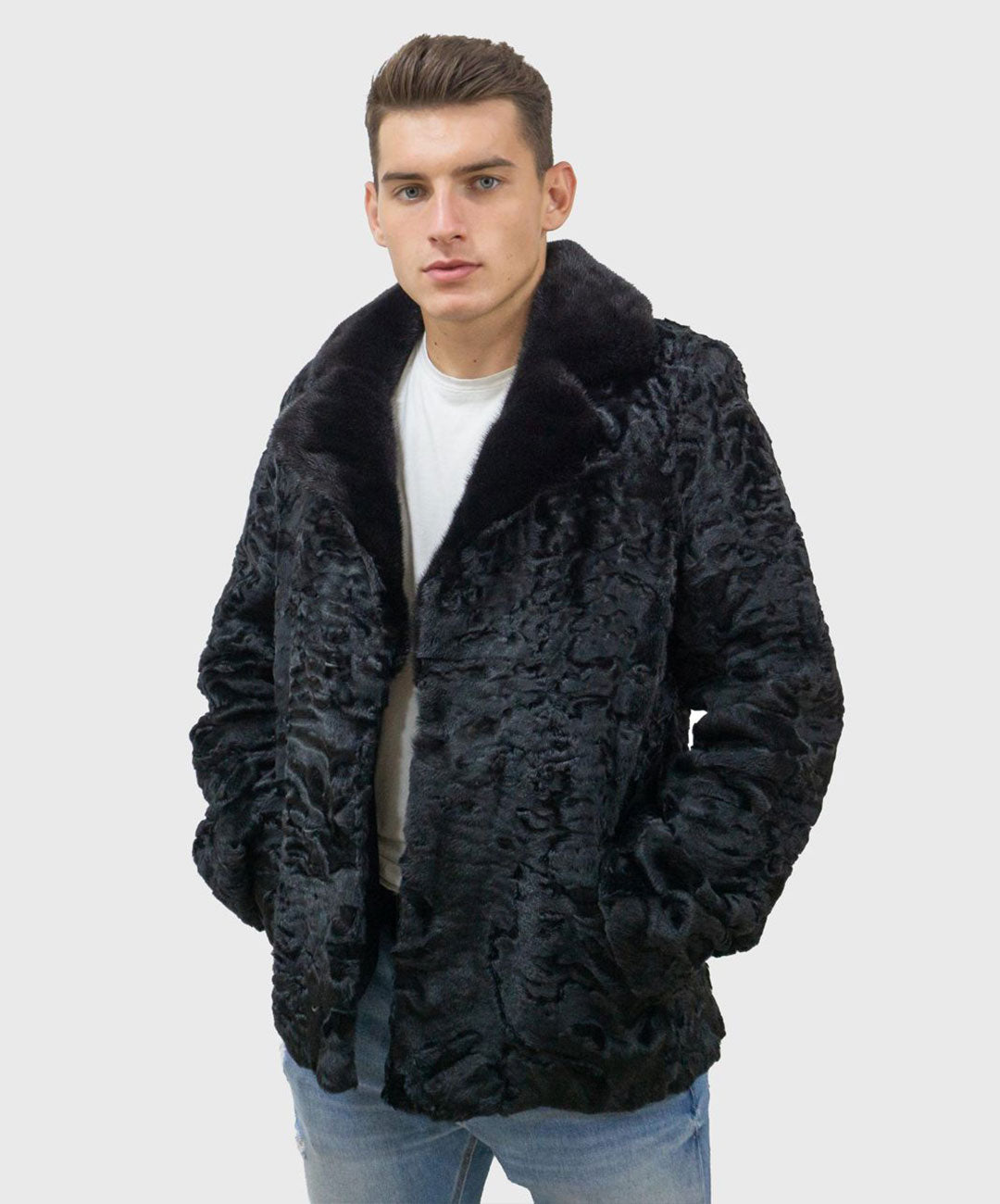 Men's Black Astrakhan Fur Jacket with Mink Fur Collar