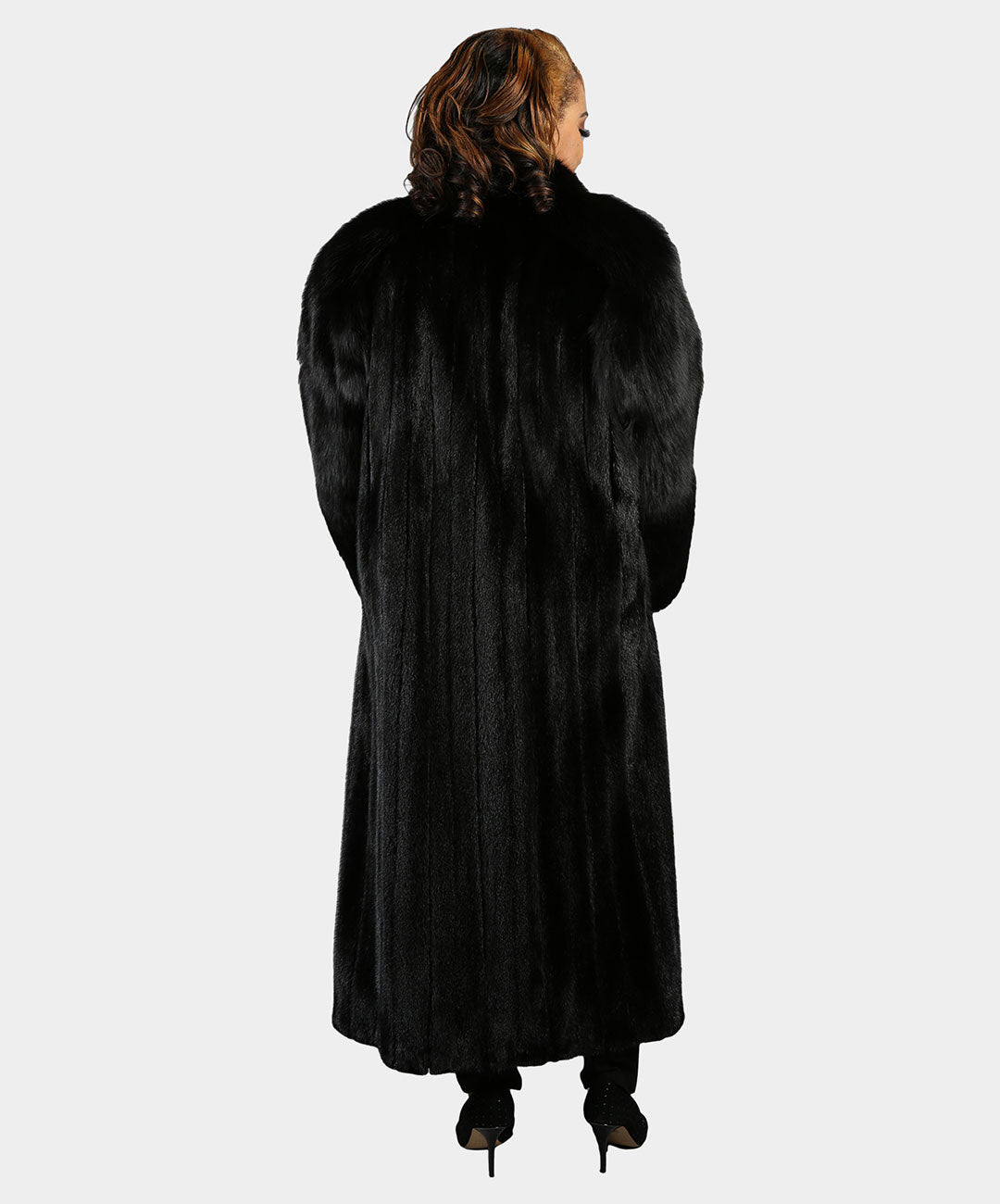 Women's Ranch Mink Fur Coat with Black Fox Sleeves and Tuxedo Front