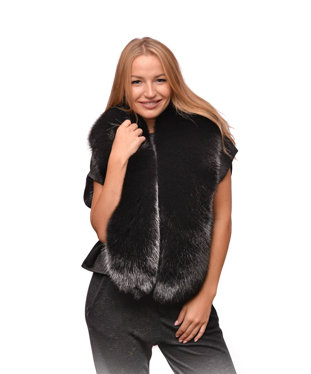 Schwarze Stola mit Fuchspelzkragen aus Samt für Damen